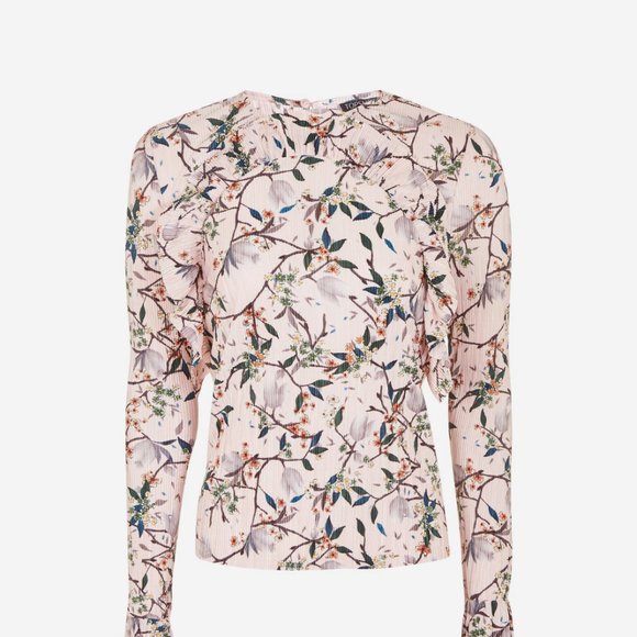 Topshop Print Ruffle Plissé Top - Picture 2 of 13